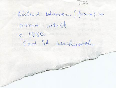 Handwriting: "Richard Warren (front) & O&M staff c. 1880 Ford St Beechworth"
