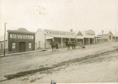 View of a group of businesses at Newtown, Beechworth. Businesses include Beechworth Foundry, R. McKenzie and Sons Grain Store, and McKenzie Family Store. In front of the grain store, a single horse drawn carriage, driven by one man, behind a second man on a horse. A dog stands beside the carriage.  