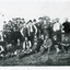 Black and white photograph of a large group of men, most with moustaches and wearing hats, stand together in front of a gabled building (Allen's or Kerferd's brewery?). Some of the men are seated or reclining on the grassy crest of the hill, and two seated men and one standing carry large shears/clippers in their right hands. On the left of the photo, two standing men wear aprons.