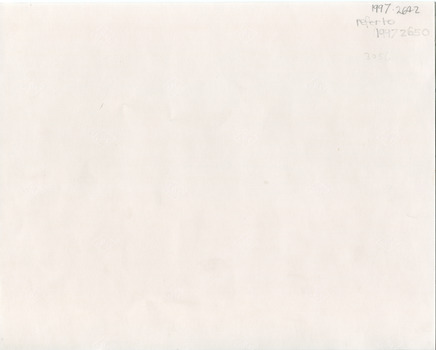 Back of photographic paper showing repeating pattern of Agfa wordmarks in diamond-shapes and hand-written pencil marks: 1997.2642 ; refer to 1997 2650 ; 3056 ;