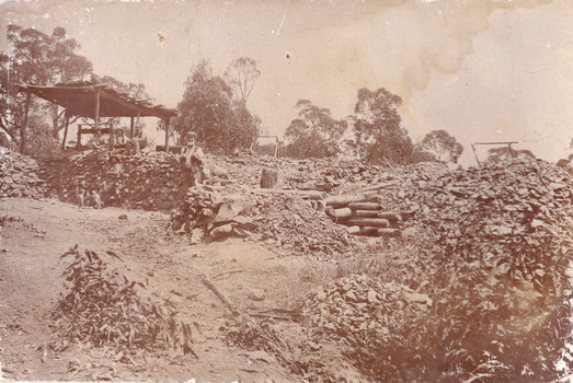 Four men relaxing under a wooden structure on four poles on a hilly landscape in 1899. One man stands nearby, in front of a stone wall. A dog is depicted standing by the four men, with one sitting man holding a smaller dog or puppy. Rock and dirt piles surround the men in an open bush setting. Some wooden logs can be seen stacked on top of each other in the middle of the photograph. 