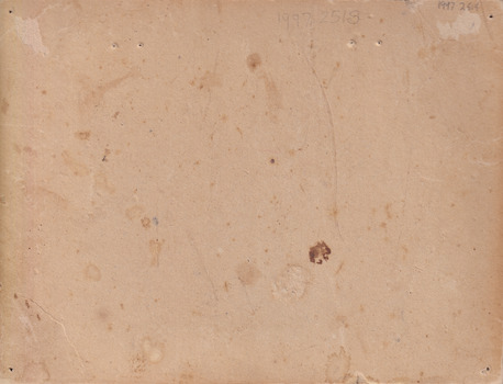Reverse of a sepia toned image. The mount has pin marks on each corner and some age spots/dirt.