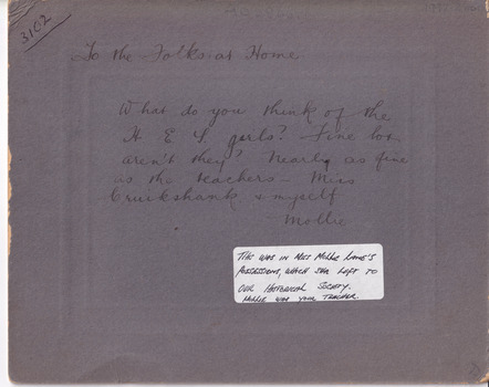 Reverse of mounted photograph showing a handwritten message and museum label
