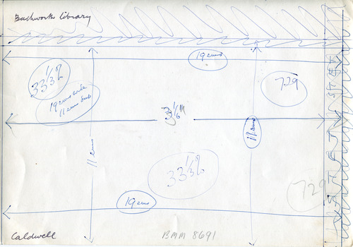 Reverse side of 8691, blank with written numbers and dimensions.