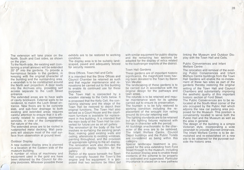 Back of photograph. Piece of text describing the plans for extension and updating of the Burke museum and Town Hall Gardens and public conveniences, while also describing the layout and intentions for the Shire Offices, Town Hall and Cells.