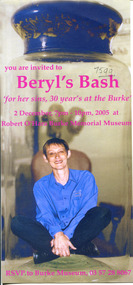 Invitation to attend "Beryl's Bash" to celebrate her 30 years at the Burke Museum. There is a woman (Beryl) sitting inside a glass specimen jar, and pink text inviting people to the party.