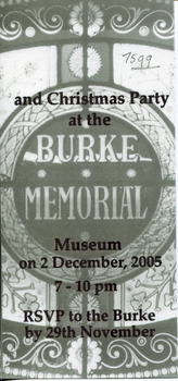 A black and white invitation to the Burke Museum Christmas party of 2005. In the background of the invitation is a stained glass window that says "Burke Memorial" with stars, floral designs and patterns.