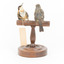 Two Eastern Spinebill birds on a stand. One bird with its beak in the air is facing the camera, the other is facing away from the camera. 