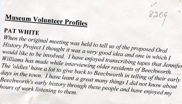 Typed text paragraph called 'Museum Volunteer Profiles: Pat White'