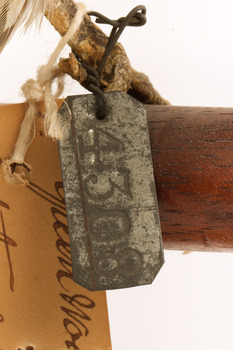 Close up of metal swing tag - see transcript
