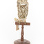 Ural Owl mounted on wooden perch pedestal with swing tag.The specimen's plumage is white, brown, grey and streaked.