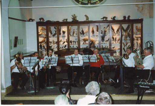 Colour photograph of a band of musicians in front of a museum display case playing to a small audience  .