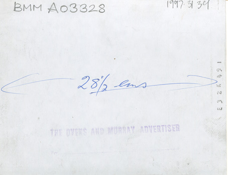 Reverse side of photograph A03328 with two additional identifiers and the words "The Ovens and Murray Advertiser".