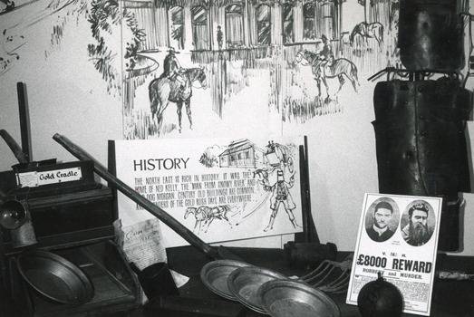 A black and white photograph of a historical exhibition display.
