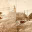 Two sepia-toned photographs featuring a bridge in the background