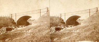 Two sepia-toned photographs featuring a bridge in the background