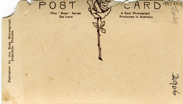 Reverse of postcard with writing depicting the production of the postcard as well as handwritten cataloguing information.