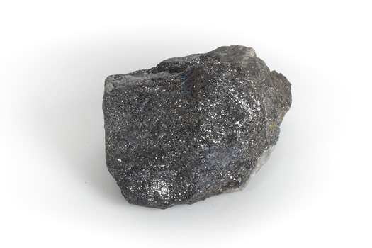 A grey and silver speckled hand-sized solid mineral specimen.