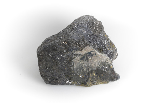 A grey and silver speckled hand-sized solid mineral specimen.