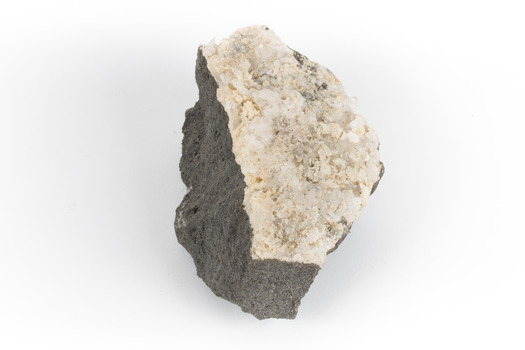 A hand sized geological specimen in shades of grey and white