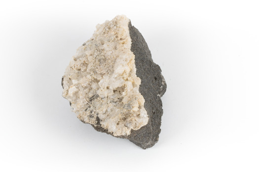 A hand sized geological specimen in shades of grey and white