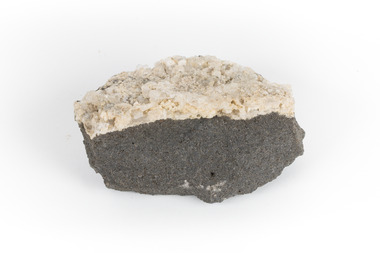 A hand sized geological specimen in shades of grey and white