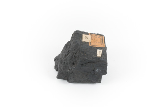 Piece of black coal with label