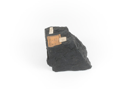Piece of black coal with label