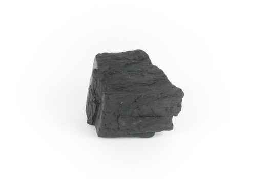 Piece of black coal with label