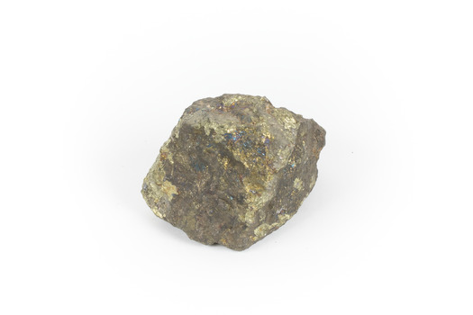 Hand sized solid mineral specimen with brass-yellow and iridescent green-black hues.
