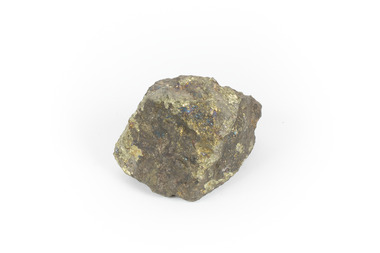 Hand sized solid mineral specimen with brass-yellow and iridescent green-black hues.
