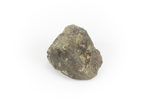 Hand sized solid mineral specimen with brass-yellow and iridescent green-black hues.