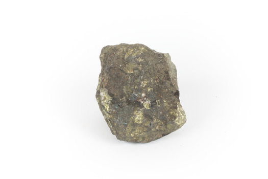 Hand sized solid mineral specimen with brass-yellow and iridescent green-black hues.