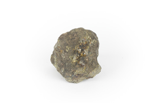 Hand sized solid mineral specimen with brass-yellow and iridescent green-black hues.