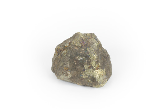 Hand sized solid mineral specimen with brass-yellow and iridescent green-black hues.