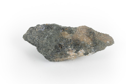 A hand-sized mineral specimen in shades of silver and black