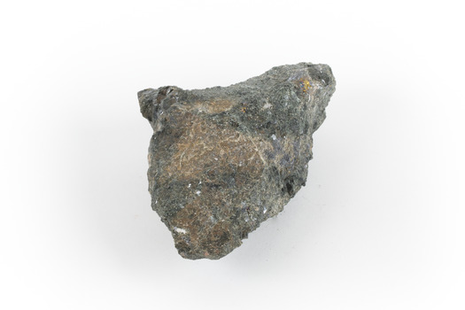 A hand-sized mineral specimen in shades of silver and black