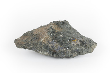 A hand-sized mineral specimen in shades of silver and black