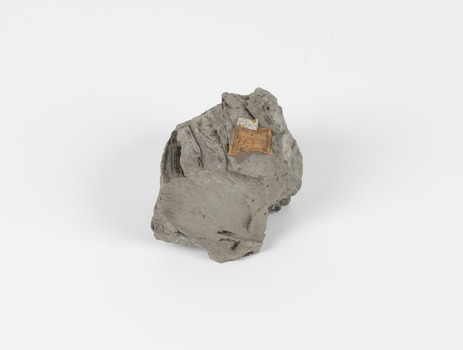 A hand-sized solid mineral specimen in shades of grey and brown