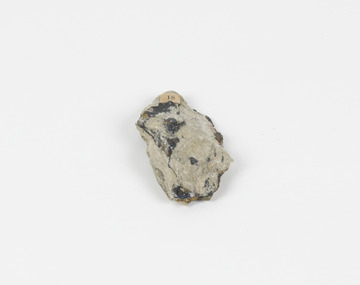 A palm-sized copper iron sulfide mineral specimen in grey tone, with irregular blue and yellowish areas. 