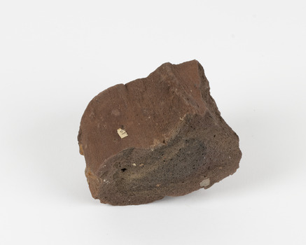 A cut rock with some natural curves of a brown hue. The rock is very porous and shows layers. An existing label depicts the number 42.