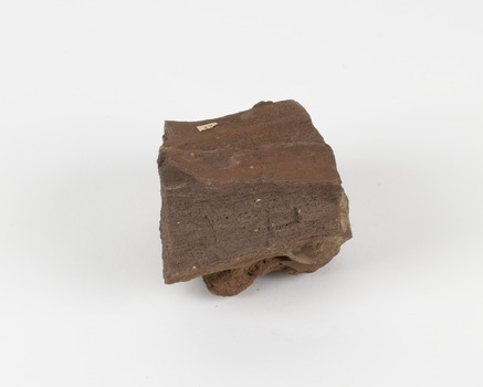 A cut rock with some natural curves of a brown hue. The rock is very porous and shows layers. An existing label depicts the number 42.