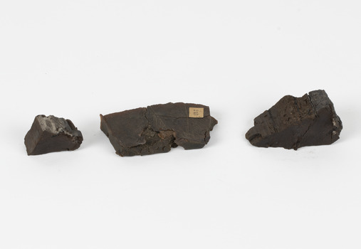 Three block pieces of dark chocolate brown and grey organic matter. The middle of the three has a tag affixed on the flat top surface which has the number 245 written on it.