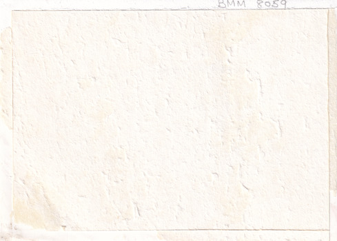 Blank reverse of 8059 mount board with handwritten inscription in top right corner (see transcription). There are areas of yellowing and the surface is rough.