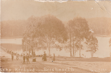 Black and white photograph of a large lake. In front of the lake there are a couple of large trees. In front of those trees is a gravel road and standing on the road is two women and six children. 