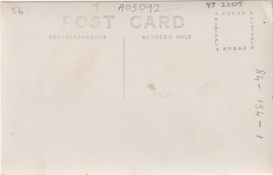 The reverse to A03092. Blank with standard postcard correspondence and address sections, and number identifiers written on the top and right edges.