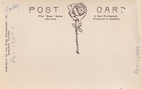 The reverse side of 2999, mostly blank with written numbers and texts. Rose illustration in the middle.