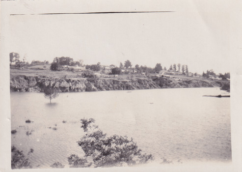 Photograph of Lake Sambell, taken from the water, looking toward the lake edge