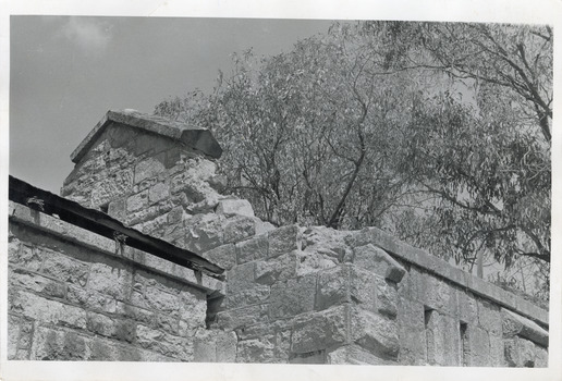 View of crumbling outside wall of Powder Magazine Beechworth.