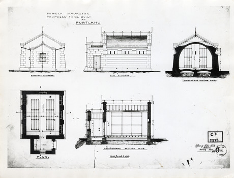 Set of 5 architectural drawings for Powder Magazine proposed to be built at Portland.